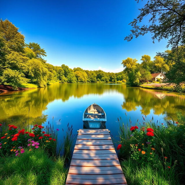 A serene landscape featuring a tranquil lake reflecting a clear blue sky, surrounded by lush green trees and vibrant wildflowers blooming along the bank