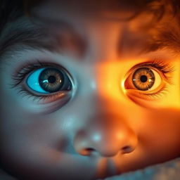 A dramatic close-up of a pair of extremely expressive eyes opening for the first time, capturing the moment with sparkling highlights reflecting off the iris
