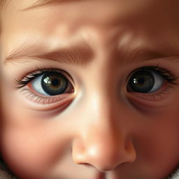 A dramatic close-up of a pair of extremely expressive eyes opening for the first time, capturing the moment with sparkling highlights reflecting off the iris