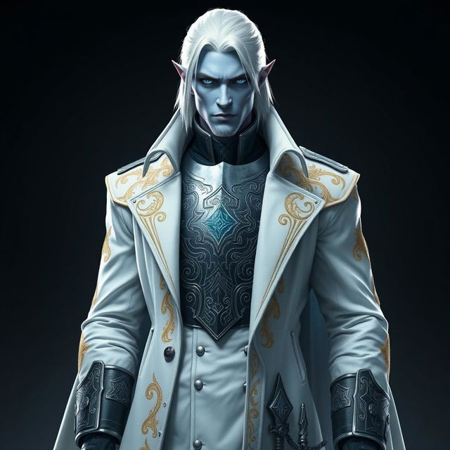 A tall and imposing Drow general named Jayce Kovacs, characterized by medium-length snow-white hair and mesmerizing glowing blue irises set against his smooth neutral blue skin