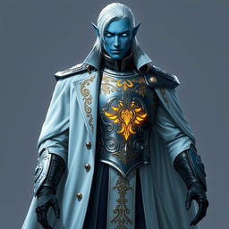 A tall and imposing Drow general named Jayce Kovacs, characterized by medium-length snow-white hair and mesmerizing glowing blue irises set against his smooth neutral blue skin