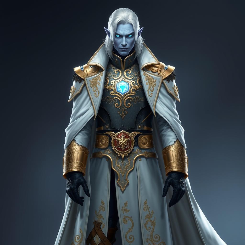 A tall and imposing Drow general named Jayce Kovacs, characterized by medium-length snow-white hair and mesmerizing glowing blue irises set against his smooth neutral blue skin