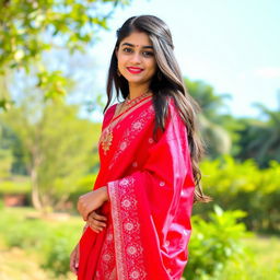 A beautiful Indian girl wearing a stunning red saree, adorned with intricate embroidery and delicate patterns, showcasing a vibrant cultural attire