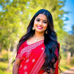 A beautiful Indian girl wearing a stunning red saree, adorned with intricate embroidery and delicate patterns, showcasing a vibrant cultural attire