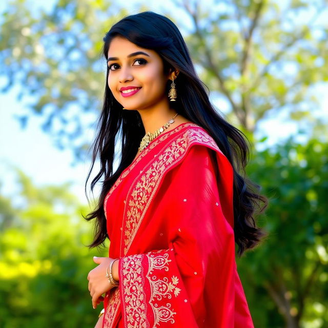 A beautiful Indian girl wearing a stunning red saree, adorned with intricate embroidery and delicate patterns, showcasing a vibrant cultural attire