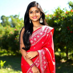 A beautiful Indian girl wearing a stunning red saree, adorned with intricate embroidery and delicate patterns, showcasing a vibrant cultural attire
