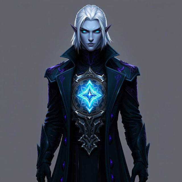 A tall and commanding Drow general named Jayce Kovacs, featuring medium-length snow-white hair and glowing blue irises set against a smooth neutral blue skin tone