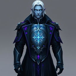 A tall and commanding Drow general named Jayce Kovacs, featuring medium-length snow-white hair and glowing blue irises set against a smooth neutral blue skin tone