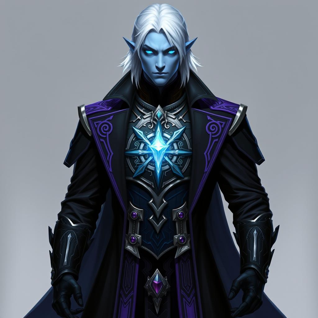 A tall and commanding Drow general named Jayce Kovacs, featuring medium-length snow-white hair and glowing blue irises set against a smooth neutral blue skin tone