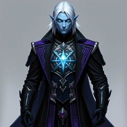 A tall and commanding Drow general named Jayce Kovacs, featuring medium-length snow-white hair and glowing blue irises set against a smooth neutral blue skin tone