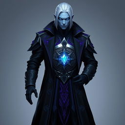 A tall and commanding Drow general named Jayce Kovacs, featuring medium-length snow-white hair and glowing blue irises set against a smooth neutral blue skin tone
