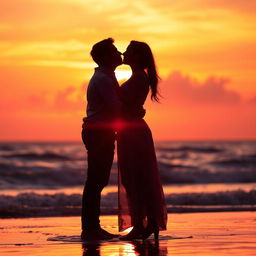 A romantic scene depicting a couple kissing passionately against a beautiful sunset backdrop