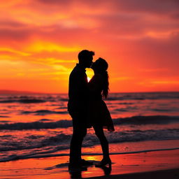 A romantic scene depicting a couple kissing passionately against a beautiful sunset backdrop