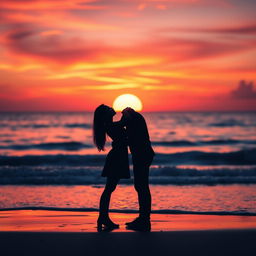 A romantic scene depicting a couple kissing passionately against a beautiful sunset backdrop