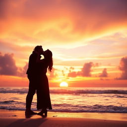 A romantic scene depicting a couple kissing passionately against a beautiful sunset backdrop