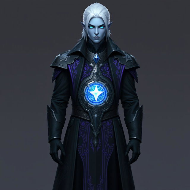 A tall and commanding Drow general named Jayce Kovacs, showcasing medium-length snow-white hair and glowing blue irises, set against his smooth neutral blue skin