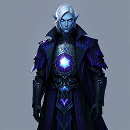 A tall and commanding Drow general named Jayce Kovacs, showcasing medium-length snow-white hair and glowing blue irises, set against his smooth neutral blue skin