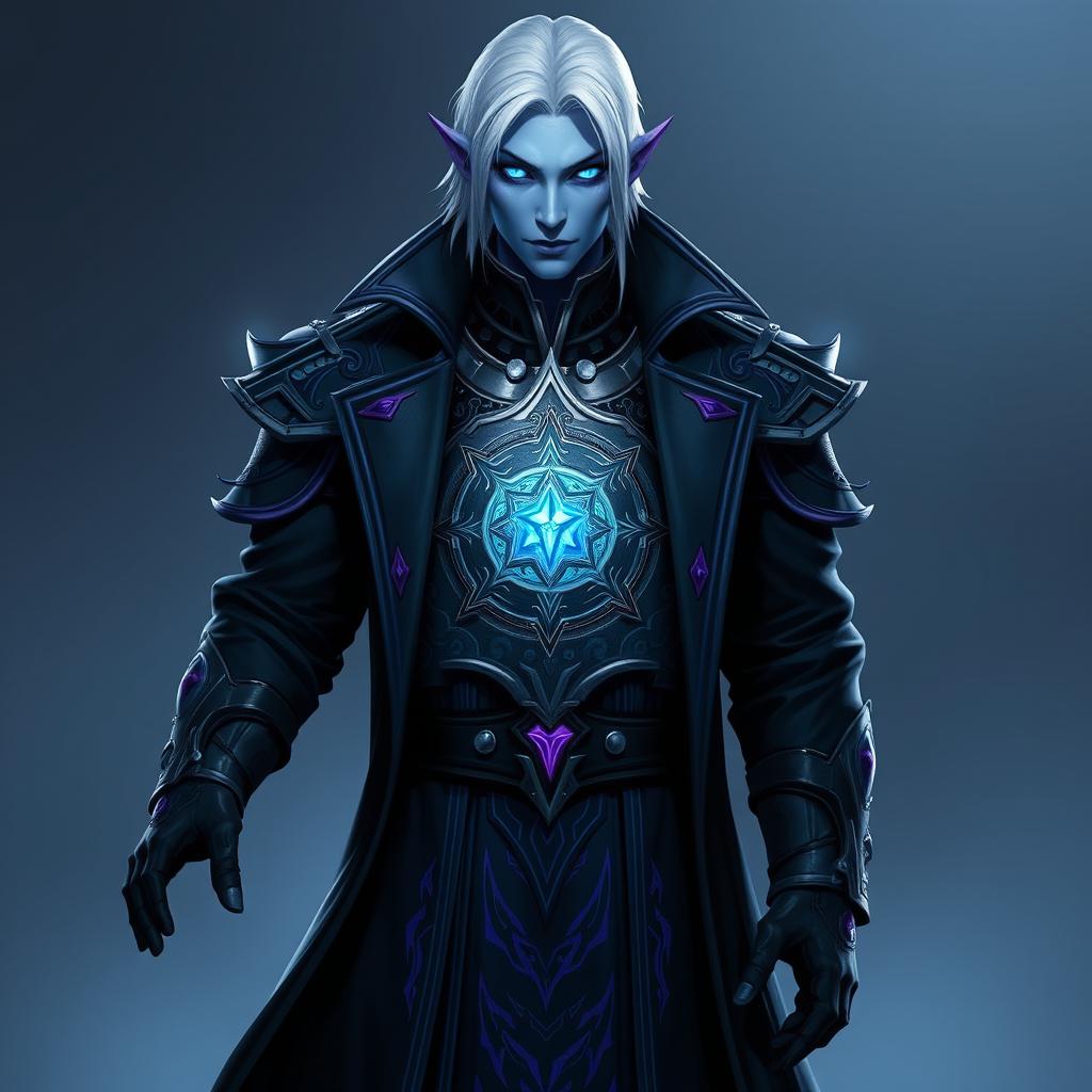 A tall and commanding Drow general named Jayce Kovacs, showcasing medium-length snow-white hair and glowing blue irises, set against his smooth neutral blue skin