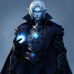 A tall and commanding Drow general named Jayce Kovacs, showcasing medium-length snow-white hair and glowing blue irises, set against his smooth neutral blue skin
