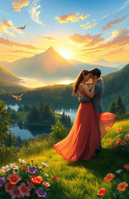 A digital painting capturing a couple embracing in a beautiful, romantic natural setting