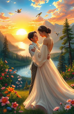 A digital painting capturing a couple embracing in a beautiful, romantic natural setting