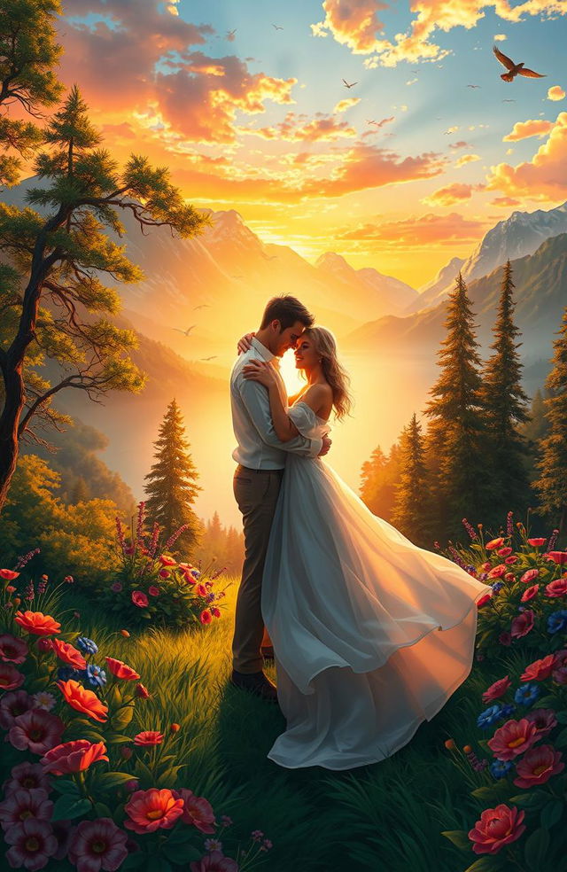 A digital painting capturing a couple embracing in a beautiful, romantic natural setting