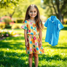 A digitally enhanced image of a cheerful girl with long brown hair, wearing a vibrant summer dress