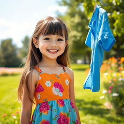 A digitally enhanced image of a cheerful girl with long brown hair, wearing a vibrant summer dress