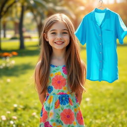 A digitally enhanced image of a cheerful girl with long brown hair, wearing a vibrant summer dress