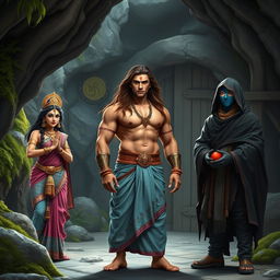 A serene cave setting featuring a muscular Indian warrior man at the center, with a curvy body, long flowing brown hair, a clear sharp face, and striking eyes