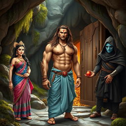 A serene cave setting featuring a muscular Indian warrior man at the center, with a curvy body, long flowing brown hair, a clear sharp face, and striking eyes