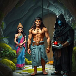 A serene cave setting featuring a muscular Indian warrior man at the center, with a curvy body, long flowing brown hair, a clear sharp face, and striking eyes
