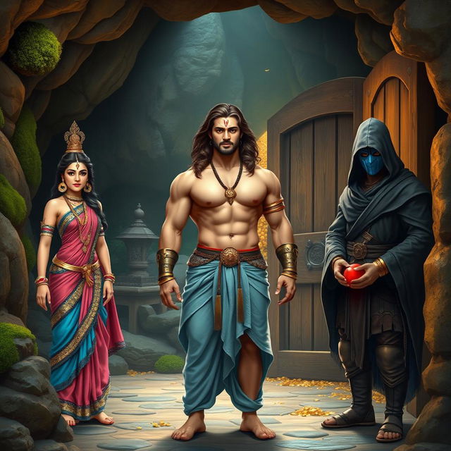 A serene cave setting featuring a muscular Indian warrior man at the center, with a curvy body, long flowing brown hair, a clear sharp face, and striking eyes