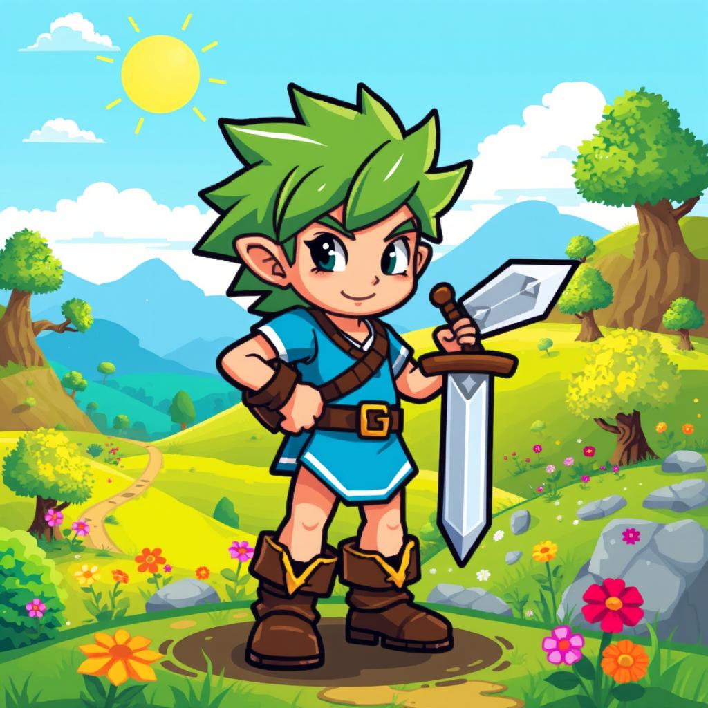 A vibrant pixel art style main character for a retro-inspired video game, designed with an adventurous spirit