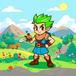 A vibrant pixel art style main character for a retro-inspired video game, designed with an adventurous spirit
