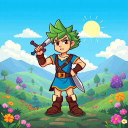 A vibrant pixel art style main character for a retro-inspired video game, designed with an adventurous spirit
