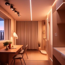 A modern, premium, budget-friendly room of 9 by 8 feet size with a stylish balcony. The room design should emphasize functional minimalism, blending affordability with contemporary chic.