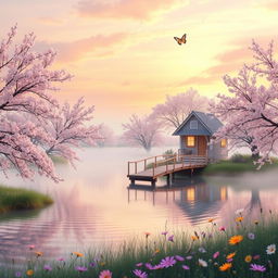A serene and dreamy aesthetic landscape featuring a soft sunrise, with pastel pink and orange hues filling the sky