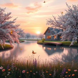 A serene and dreamy aesthetic landscape featuring a soft sunrise, with pastel pink and orange hues filling the sky