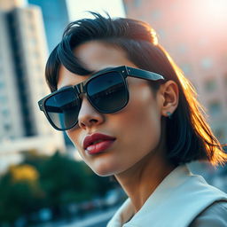 A close-up portrait of a stylish individual wearing sunglasses, showcasing clear reflection-free lenses