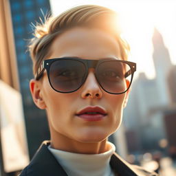 A close-up portrait of a stylish individual wearing sunglasses, showcasing clear reflection-free lenses