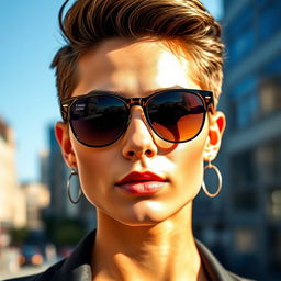 A close-up portrait of a stylish individual wearing sunglasses, showcasing clear reflection-free lenses