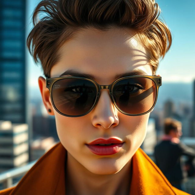 A close-up portrait of a stylish individual wearing sunglasses, showcasing clear reflection-free lenses