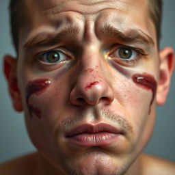 A close-up portrait of a person with visible injuries on their forehead, nose, and cheek