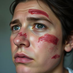 A close-up portrait of a person with visible injuries on their forehead, nose, and cheek