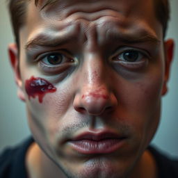 A close-up portrait of a person with visible injuries on their forehead, nose, and cheek