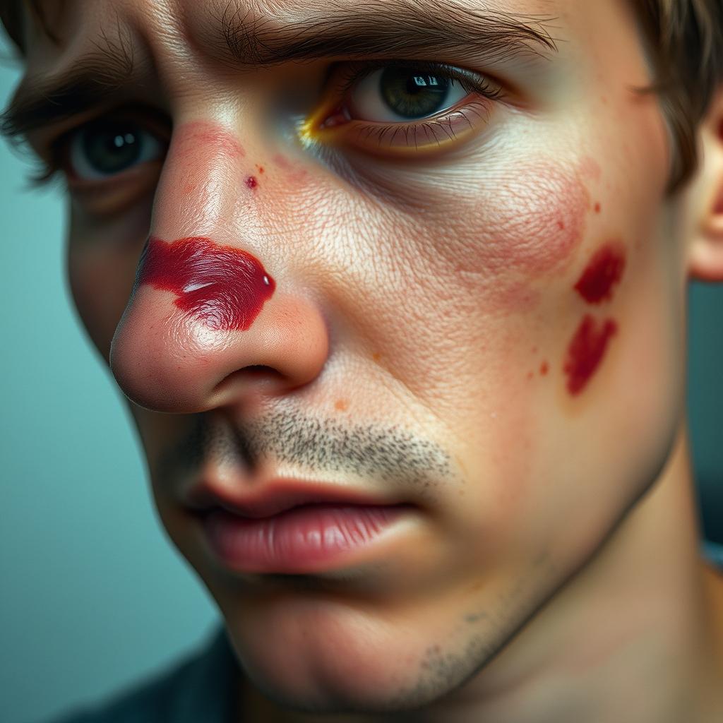 A close-up portrait of a person with visible injuries on their forehead, nose, and cheek