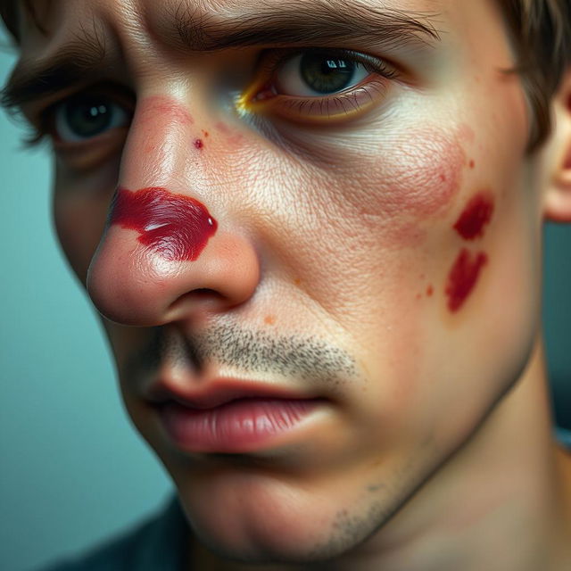 A close-up portrait of a person with visible injuries on their forehead, nose, and cheek