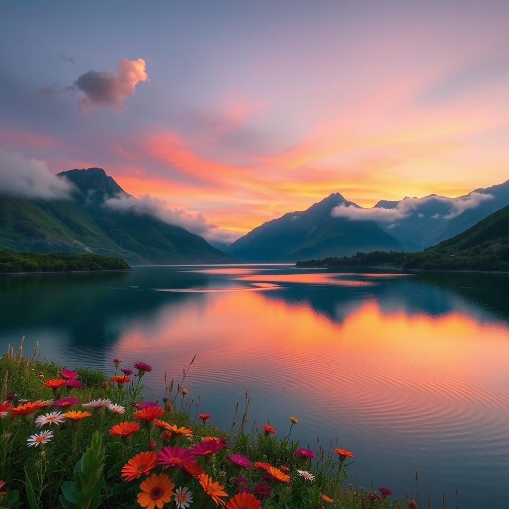 A stunning and ethereal landscape featuring a breathtaking sunset over a serene lake, with vibrant hues of orange, pink, and purple reflecting on the water's surface