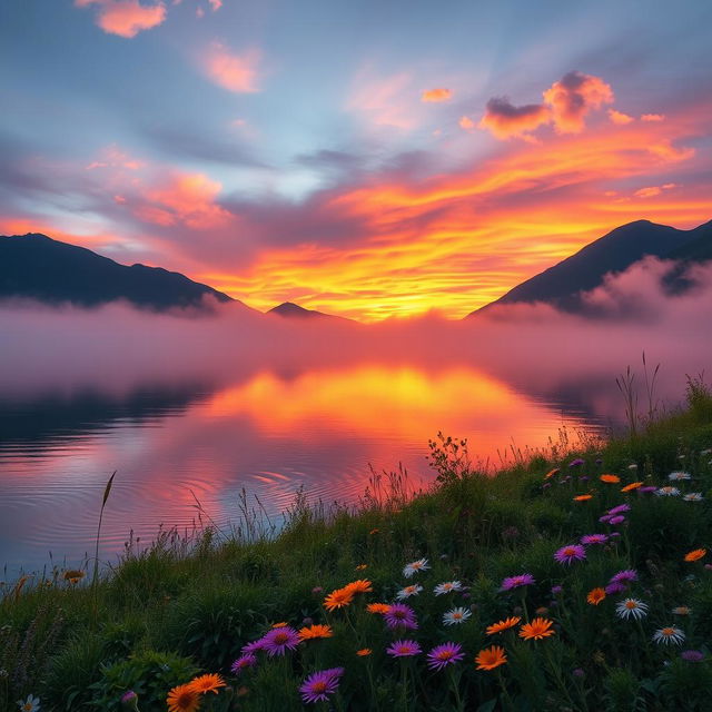 A stunning and ethereal landscape featuring a breathtaking sunset over a serene lake, with vibrant hues of orange, pink, and purple reflecting on the water's surface